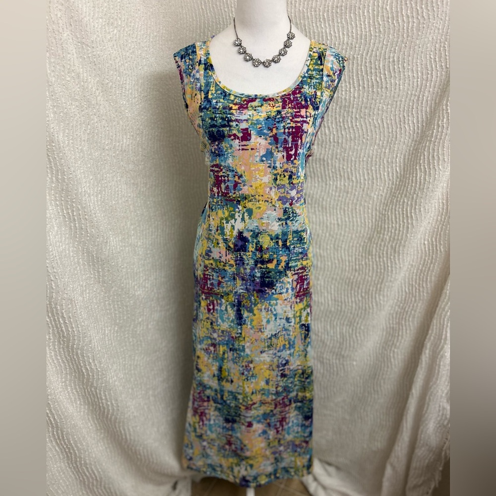 Nina Leonard Dress XL Multicolor Abstract Print Sleeveless Midi Fit & Flare